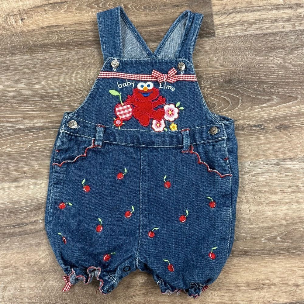 Vintage Sesame Street Baby Elmo Shortalls Overalls 90s Baby Girl 6/9M